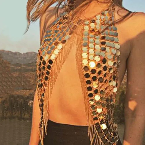 Miniatura 4 de DOTASI - Blusa halter de cadena con espalda descubierta para mujer con cadena de lentejuelas