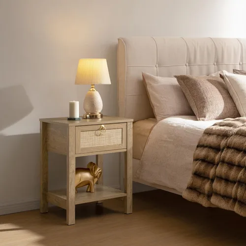 Miniatura 5 de SICOTAS Mesita de noche de ratán, cajón decorativo de ratán con perillas de latón, mesita de noche, mesa auxiliar bohemia con estante
