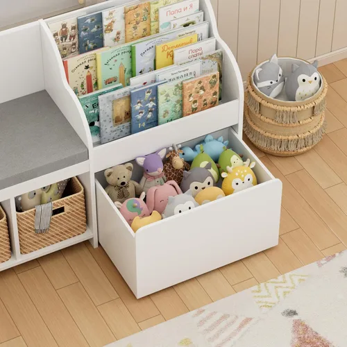 Miniatura 4 de HOSTACK Rincón de lectura para niños de 67 pulgadas de ancho con organizador de almacenamiento de juguetes, estantería grande para niños con caja