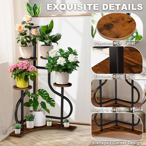 Miniatura 6 de Soporte esquinero de 6 niveles, soporte para plantas de interior con base en forma de L, estante estético de metal para múltiples plantas, maceta
