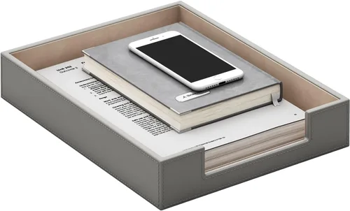 Miniatura 6 de Bandeja de cuero para cartas, elegante organizador de escritorio para suministros de oficina, correo, papel, archivo, revista, ahorro de espacio
