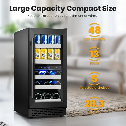Miniatura 2 de Refrigerador de bebidas de 15 pulgadas, 13 botellas y 48 latas bajo encimera, refrigerador de bebidas negro con compresor de bajo ruido, enfriador
