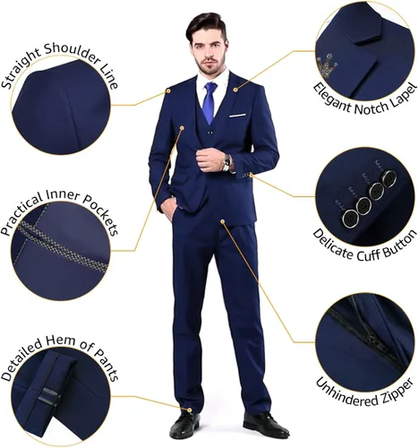Miniatura 4 de MY'S - Conjunto de traje ajustado de 3 piezas con chaqueta con un botón, chaleco, corbata y pantalones