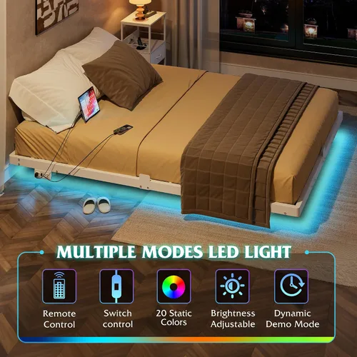 Miniatura 3 de WLIVE Base de cama flotante tamaño Queen, plataforma de metal resistente de 1500 libras con luz LED y estación de carga, no necesita somier, fácil