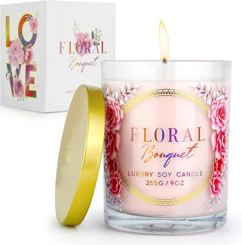 Rose Candle – Velas perfumadas de lujo – Aroma de ramo floral relajante – 10% esencia de rosa para un aroma duradero – Vela de soja 100% con mecha