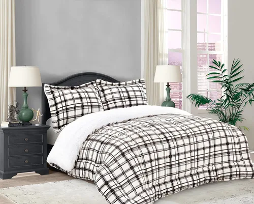 Elegant Comfort Edredón Sherpa suave y afelpado, colección Lilith a cuadros, juego de cama de 3 piezas, reversible de microgamuza alternativa al