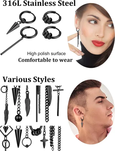 Miniatura 3 de Hicarer 20 aretes colgantes de acero inoxidable para hombre, aretes de aro con bisagras Kpop
