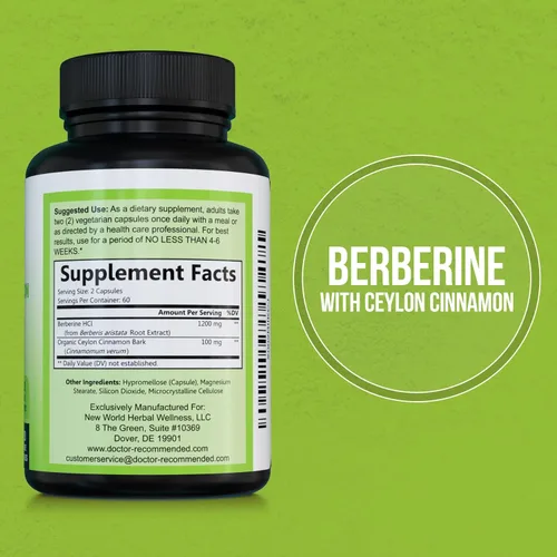 Miniatura 2 de DOCTOR RECOMMENDED SUPPLEMENTS Berberina con canela de Ceilán, 1200 mg de berberina y 100 mg de canela de Ceilán orgánica, 120 cápsulas vegetales