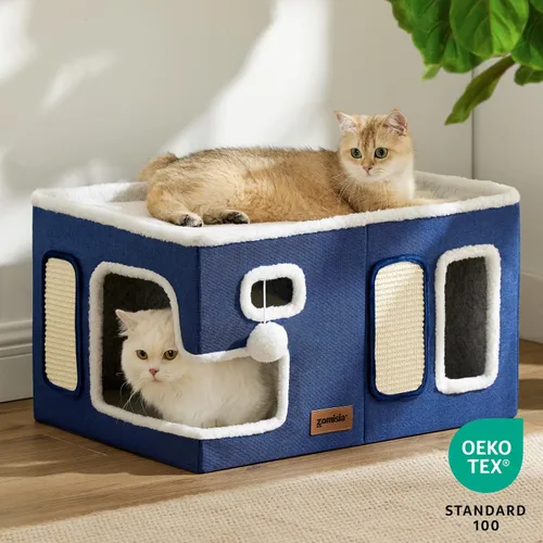 Miniatura 7 de ZOMISIA Casa extra ancha para gatos de interior – Casa grande para gatos para mascotas con bola esponjosa colgante y almohadilla para rascar