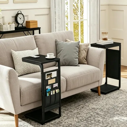 Miniatura 3 de Bandejas de TV con pedestal de madera para comer en mesas de sofá que se deslizan por debajo, mesa auxiliar en forma de C, mesa auxiliar para sofá