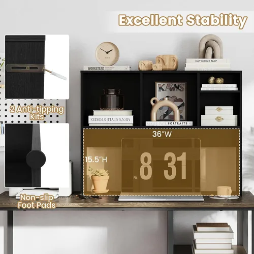 Miniatura 4 de LDAILY Desktop Bookshelf, 2-Tier Office Desk Shelf Organizer Desk Hutch with 4 Shelves, 37’’L Wood Storage Rack Display Shelf for Computer Desk
