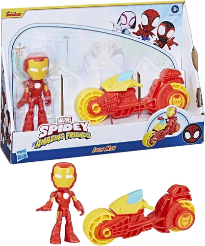 Spidey and His Amazing Friends, Iron Man - Figura de acción y juguete para motocicleta, juguetes preescolares de superhéroes de Marvel para niños de