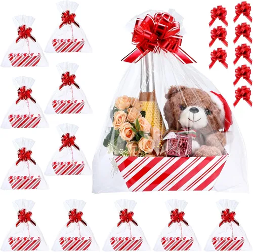 Miniatura 8 de Thenshop 44 Piezas Canasta para Regalos Canasta de Regalo Vacía a Granel Incluye 12 Bandejas de Cartón 12 Bolsas de Plástico y 20 Lazos Decorativos