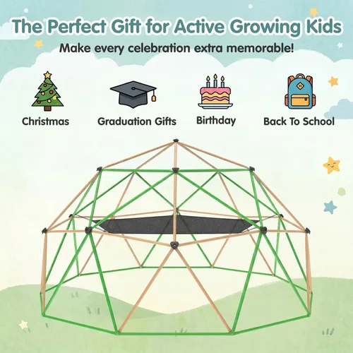 Miniatura 8 de Gardenature Cúpula de escalada de 13 pies con hamaca y columpio, gimnasio de selva al aire libre para niños, cúpula geométrica que soporta 880