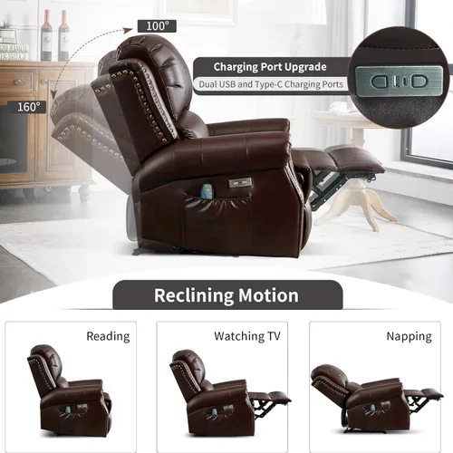 Miniatura 5 de HAOMARKETS Silla reclinable eléctrica clásica con masaje y calor, sillón reclinable eléctrico de piel sintética transpirable con puerto USB, sofá
