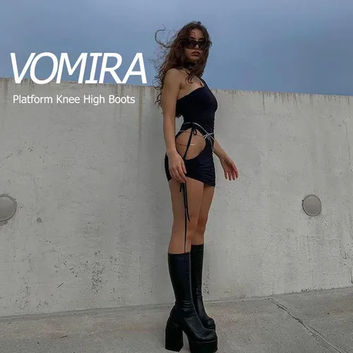 Miniatura 2 de VOMIRA Botas de tobillo para mujer, tacón alto grueso, puntera cuadrada, cremallera lateral, botas elásticas de piel sintética, botas de plataforma