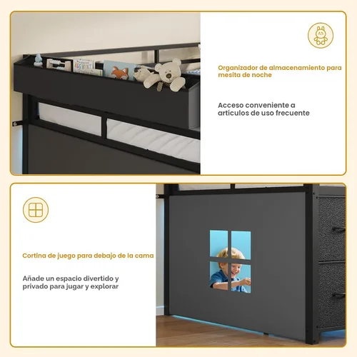 Miniatura 8 de ADORNEVE Cama baja tipo loft tamaño individual con 7 cajones de almacenamiento, estantería y luces LED, cama alta de metal para niños con barandilla