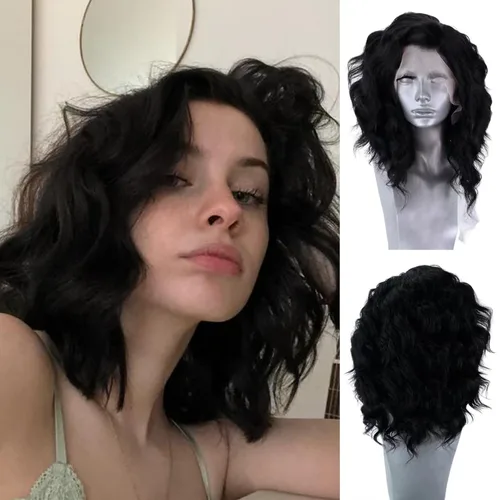 RONGDUOYI Peluca sintética de cabello negro 1B, peluca corta con ondas y encaje frontal, parte libre, longitud al hombro, color negro, resistente al