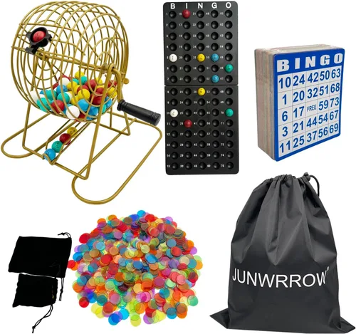 JUNWRROW Juego de bingo de lujo, incluye jaula giratoria de metal dorado antiguo con bolsa de almacenamiento, 100 tarjetas mixtas, 600 fichas de