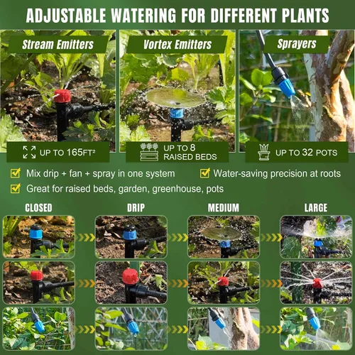 Miniatura 3 de Kit de sistema de riego por goteo a presión para conectar, sistema de riego de jardín de 2 zonas con línea principal de 50 pies y 1/2 pulgada