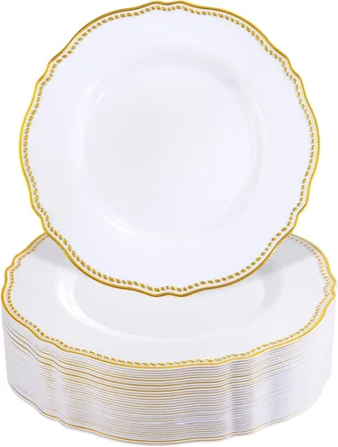 Hioasis 60 platos de plástico dorados, vajilla desechable blanca y dorada con borde dorado, resistente, 7.5 pulgadas, platos de postre para fiestas