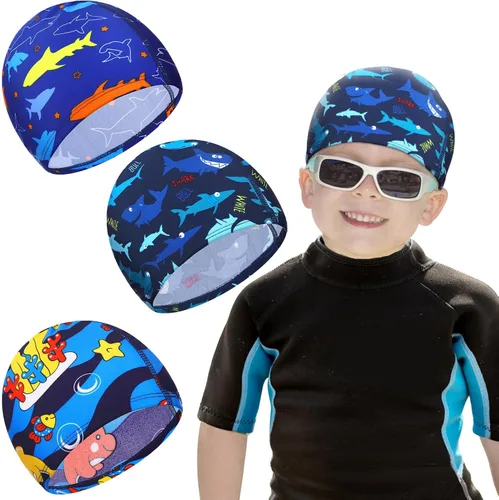 Miniatura 7 de Geyoga Gorros de natación para niños, 3 piezas, unisex, de poliéster, para piscina, gorra de verano para niños y niñas, pelo largo y corto