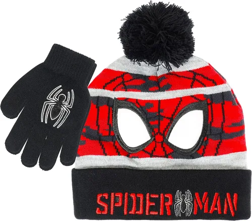 Marvel Spider-Man - Gorro de invierno y guantes de nieve para niños y niños pequeños, juego de 2 piezas, gorro con pompones y guantes cálidos