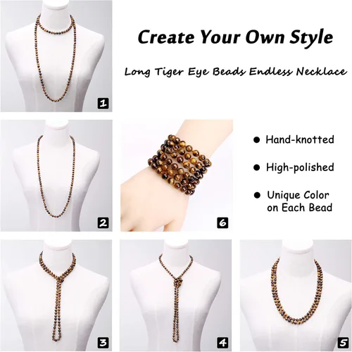 Miniatura 5 de PEARLADA Collar Largo de Cuentas de Ojo de Tigre Turquesa Interminable Hecho a Mano para Joyería de Mujeres 47.5