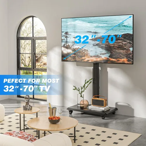 Miniatura 8 de Rfiver Soporte de TV con ruedas para televisores de 32 a 70 pulgadas, moderno soporte de TV de esquina con ruedas mejoradas, 9 niveles de altura