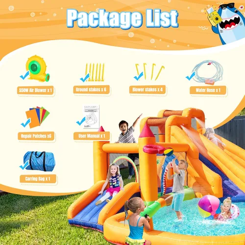 Miniatura 5 de Casa inflable de rebote, tobogán acuático triple para niños con doble cañón, pared de escalada, salto, piscina de chapoteo, aro de baloncesto