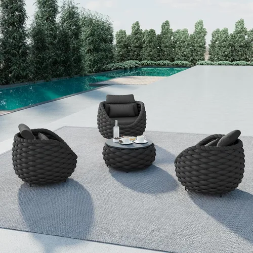 Miniatura 18 de Juego de muebles de patio de cuerda de 4 piezas: conjunto de sofás al aire libre de aluminio acolchado - sofá de conversación moderno ensamblado