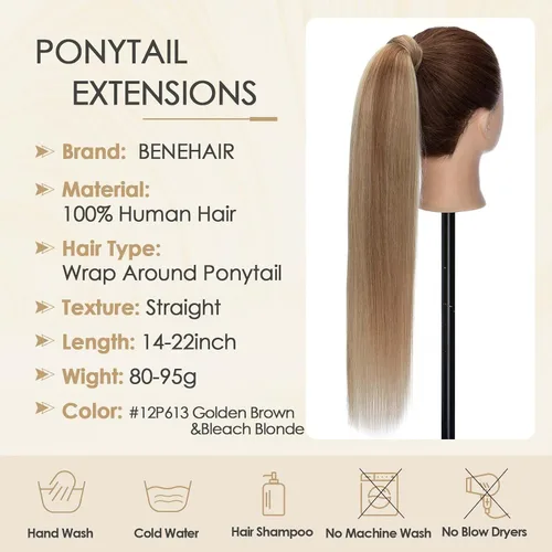 Miniatura 2 de Benehair Extensión de cola de caballo envolvente con pasta mágica, extensiones de cabello humano natural largo lacio de una pieza para mujeres, 22