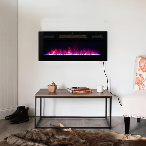 Miniatura 4 de Chimenea eléctrica de 30 pulgadas, calentador de chimenea empotrado y montado en la pared con llama LED de 12 colores, panel de vidrio templado