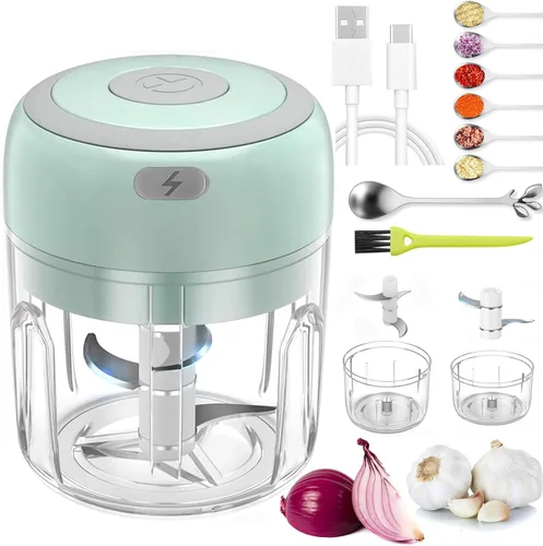 Mini picadora eléctrica de ajo y procesador de alimentos con cuchara y cepillo, licuadora portátil de verduras inalámbrica de 2 tazas, picadora de