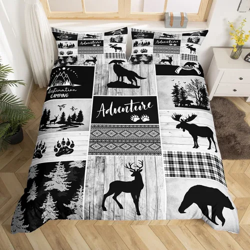 Miniatura 34 de Juego de funda de edredón para niños de ciervo, oso, lobo, tamaño individual, juego de ropa de cama de cabaña de aventura para niños, niñas