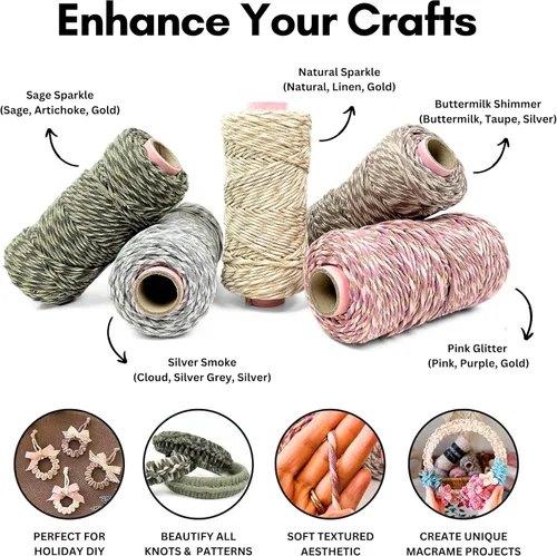Miniatura 4 de BOCHIKNOT Cordón metálico de macramé, 0.118 in x 165 yardas, hilado con hilo dorado y plateado, ideal para manualidades de macramé, brillo de suero