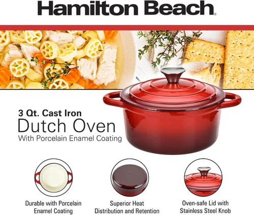 Miniatura 9 de Hamilton Beach Horno holandés de hierro fundido esmaltado de 3 cuartos de galón con tapa, olla resistente para estofar, asar y hornear, color rojo