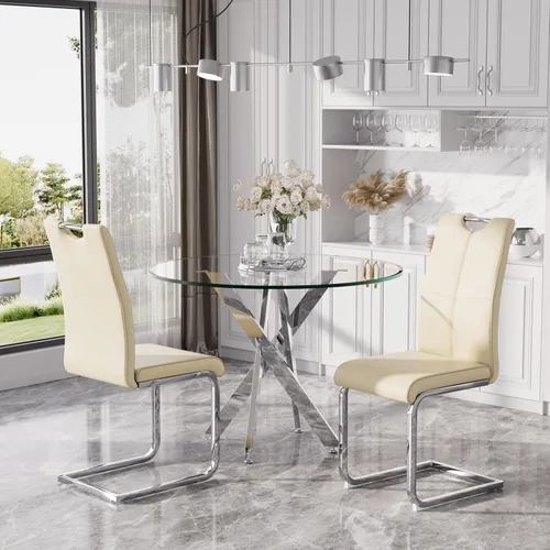Miniatura 8 de Juego de mesa de comedor redonda moderna de vidrio de 36 pulgadas para 2, mesa de comedor de vidrio con patas cruzadas de metal, mesa de cocina