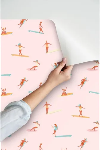 Miniatura 3 de Despegar y pegar papel tapiz Swatch - Chicas Surfers Rosa Surfing Girl Sport Hawaii Retro Ocean Nautical Beach Papel pintado personalizado extraíble