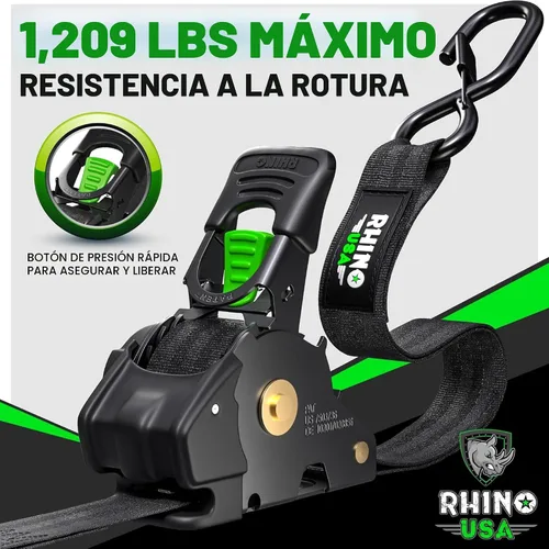 Miniatura 2 de Rhino USA Correas de trinquete retráctiles (paquete de 2) – 1 pulgada x 10 pies (1,209 libras de resistencia a la rotura) – Correas de amarre auto
