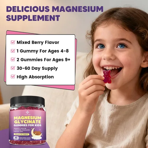 Miniatura 8 de Gomitas de magnesio para niños, gomitas de glicinato de magnesio 400 mg/200 mg con L-teanina, manzanilla, vitamina B6, D3 para niños, relajación