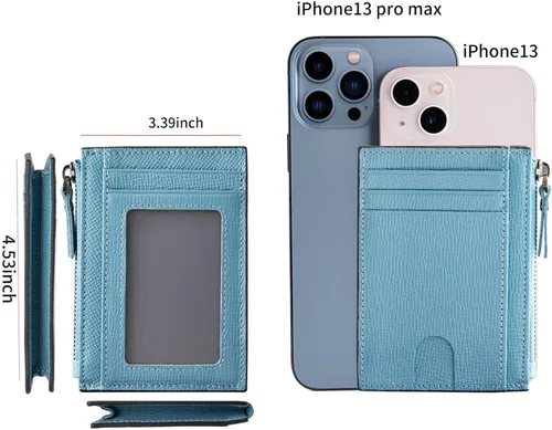 Miniatura 6 de Cartera delgada para mujer, pequeña cartera de cuero con bloqueo RFID, tarjetero minimalista con bolsillo frontal con monederos y bolsas, Azul
