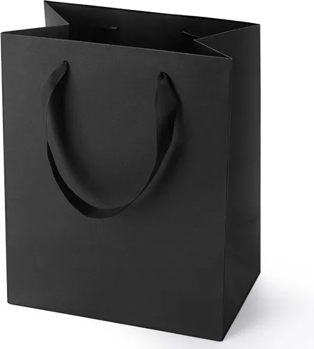 PrimeSign Bolsas de regalo negras con asas: 8 x 5 x 10 pulgadas, paquete de 12 bromas de papel negro, a granel, para fiestas, compras, cumpleaños,