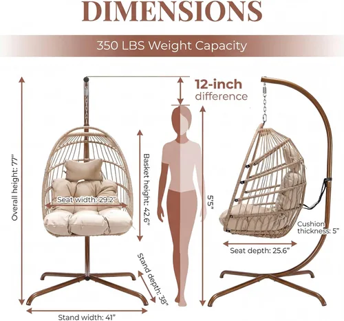 Miniatura 3 de NICESOUL Acogedora silla colgante con soporte para interiores y exteriores, silla columpio de mimbre para patio con cojín y patas doradas, 350
