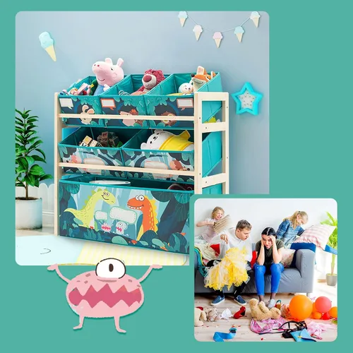 Miniatura 5 de Jomifin Organizador de almacenamiento de juguetes para niños con 6 cubos grandes de almacenamiento para juguetes, estante de juguetes de madera