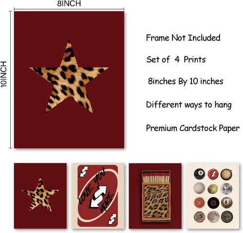 Miniatura 6 de KDHTY Juego de 4 Impresiones Artísticas de Pared Retro Rojas de Moda, Pósters de Arte de Pared Funky Retro Y2K Leopardo Caja de Cerillas Estrella