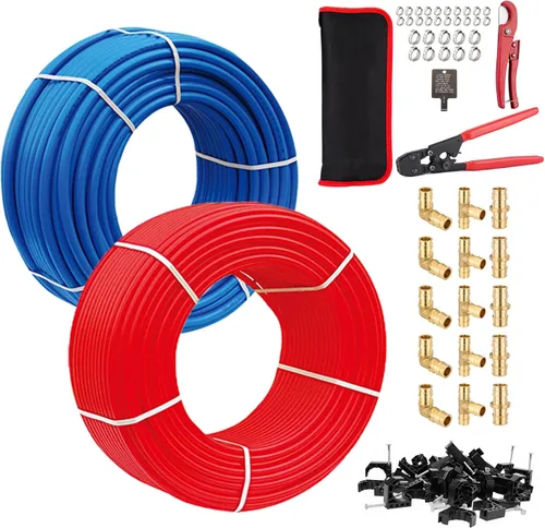 Tubo HeSun PEX-B de 1/2 pulgada, tubo Pex B de 2 x 100 pies con accesorios Pex de latón de 1/2 pulgada: 15 piezas de codo, acoplamiento y T (5 cada