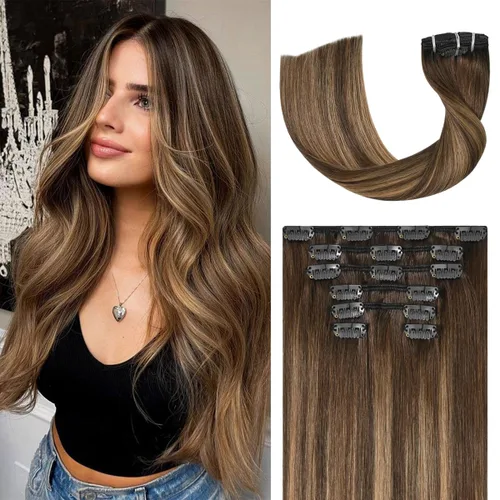 Miniatura 25 de UGOTRAYS Extensiones de cabello humano real de color rubio fresa a rubio decolorado, 12 pulgadas, lacio, doble trama, cabello Remy con clip, 2.47