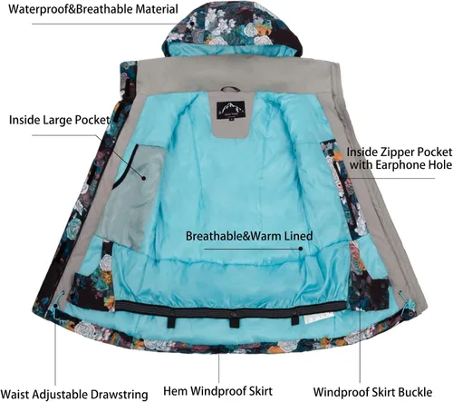 Miniatura 5 de Chaqueta de esquí para mujer, abrigo de nieve impermeable, resistente al viento, chaqueta de snowboard aislada, con capucha, invierno cálido