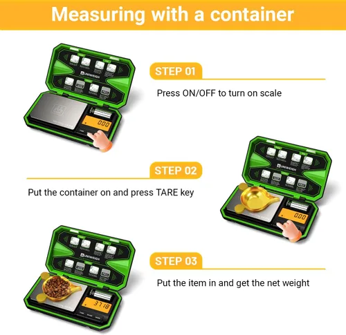 Miniatura 4 de UNIWEIGH Báscula de bolsillo digital 200g/0.01g, báscula digital en gramos, báscula para joyería, báscula para monedas con pesas de calibración
